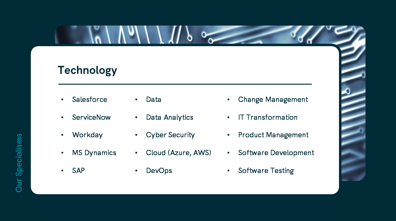 A list of our specialisms, including: Salesforce, ServiceNow, Workday, Dynamics, SAP, Data Analytics, Cyber Security, Cloud, DevOps, and Software Development.