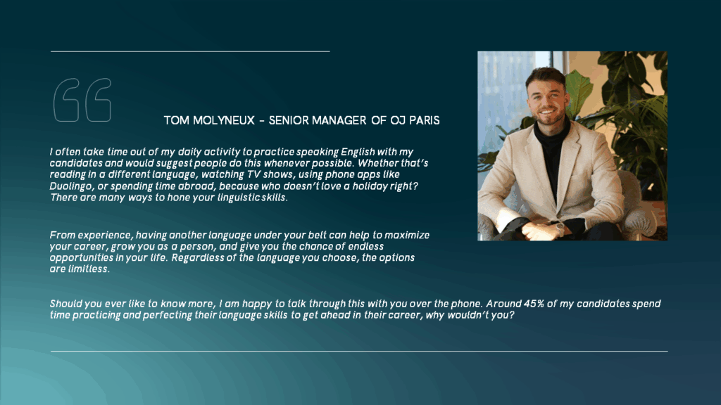 A professional man in a beige suit sits smiling against a backdrop of indoor plants. Text beside him discusses the importance of language skills in career advancement, with a focus on practicing English daily and maximizing learning opportunities.