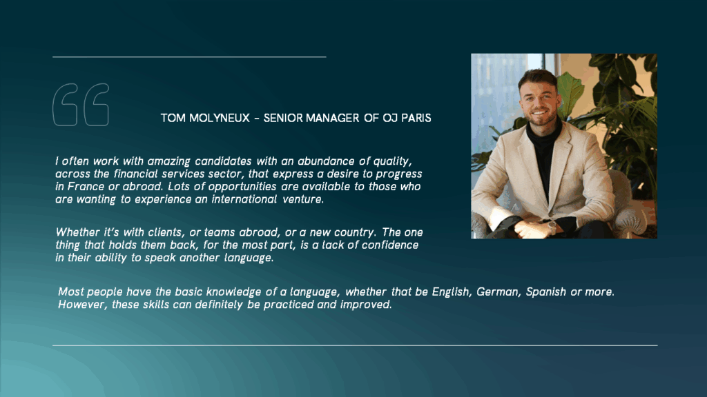 Profile image of a man in a suit with a quote about embracing candidates with diverse language skills and improving communication in international settings.