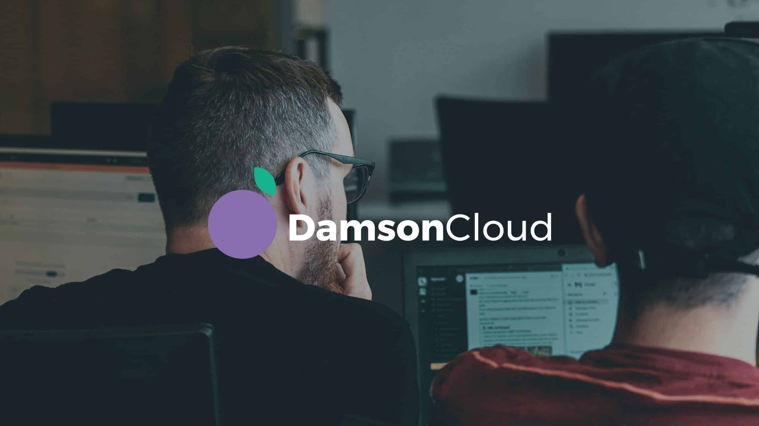 Two people working at computers with the DamsonCloud logo overlayed.