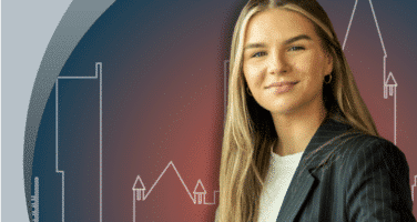 A woman in a dark blazer stands in front of a stylized cityscape with a soft gradient background. Her name, Jessica Harkin, is written in white text.