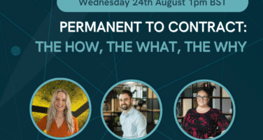 Webinar announcement by Oliver James about transitioning from permanent to contract roles. Scheduled for Wednesday, 24th August at 1 pm BST, featuring Irene Kramer, Jonathan Lord, and Natasha Flynn as speakers.