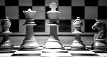 Chess pieces on a board in black and white, featuring two bishops, a queen, a king, and a knight.