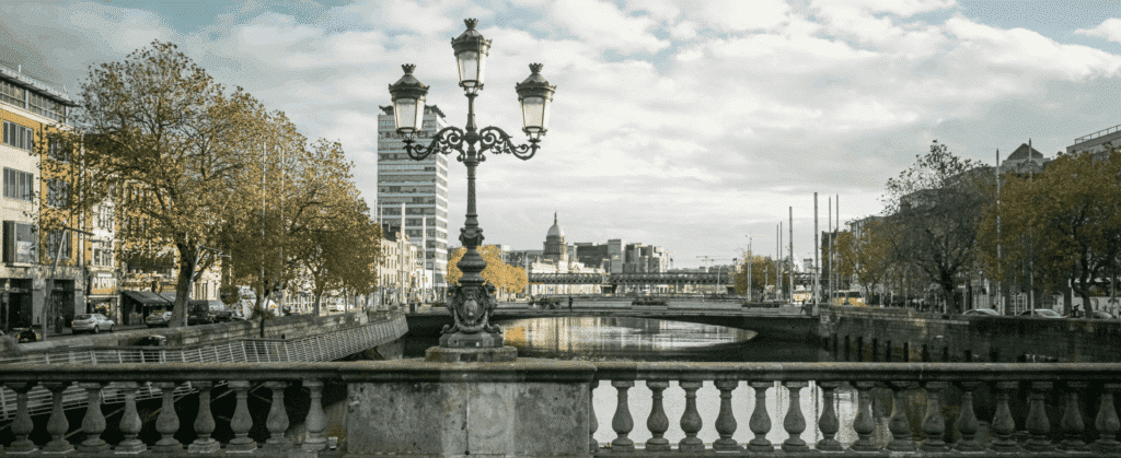 Scenic view of a bridge over a river with ornate lamp posts, surrounded by trees and buildings under a cloudy sky.