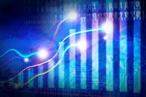 Abstract image showing glowing lines and bar graphs over a digital background, suggesting data analysis or technological growth.