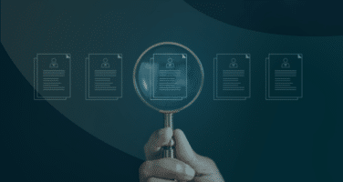 A hand holds a magnifying glass over digital documents with user icons, symbolizing document review or analysis.