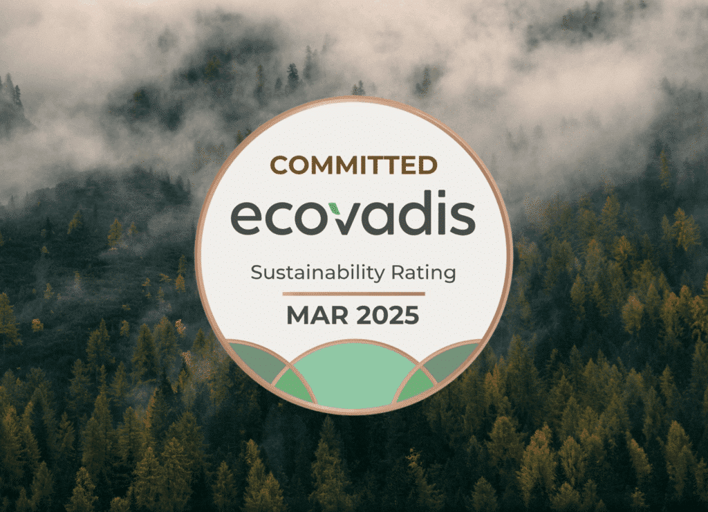 Ecovadis sustainability rating badge for March 2025, set against a misty forest background.