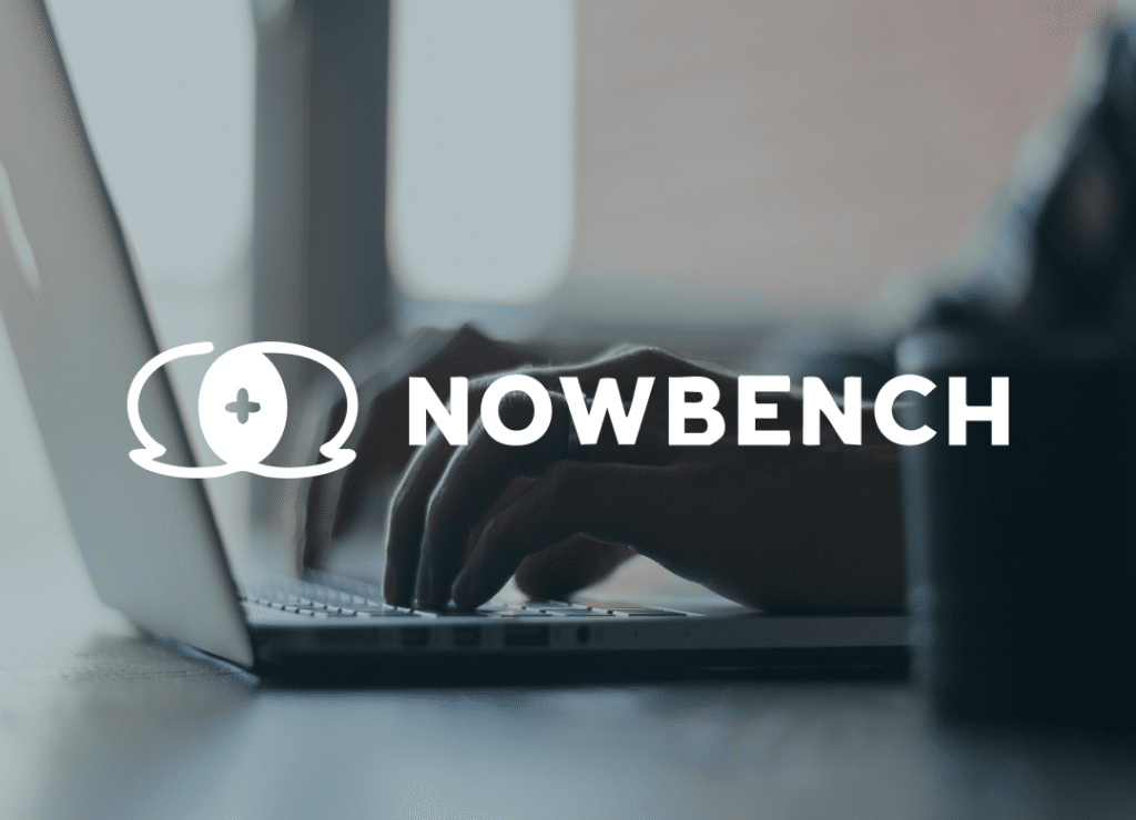 Person typing on a laptop with Nowbench logo overlay, featuring a location pin and chat bubble icon.