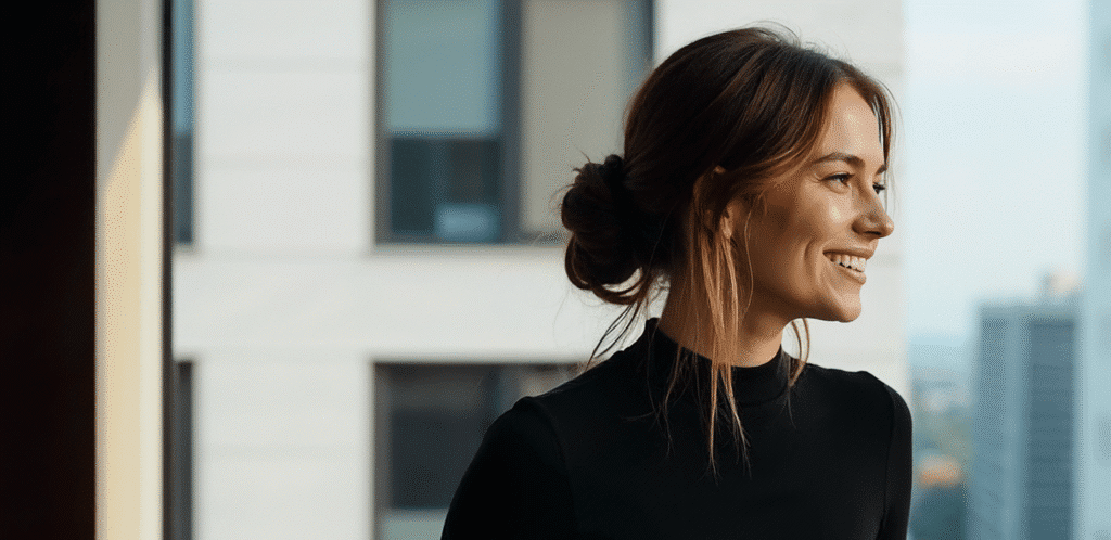 A woman in a black top smiles while standing by a window in a modern building, with other buildings visible in the background.