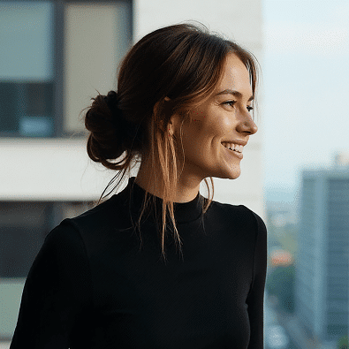 A woman with brown hair in a bun, wearing a black top, is smiling while looking to the side in an urban setting.