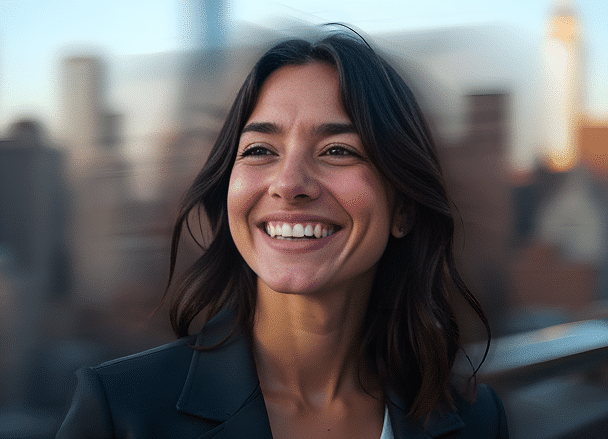 A woman with long dark hair is smiling outdoors, with a blurred cityscape in the background.