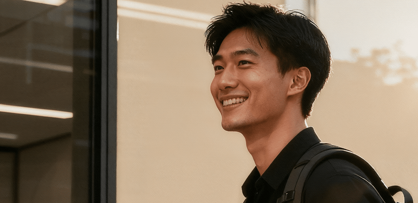 A person smiling while standing outdoors near a glass building, wearing a black shirt and carrying a backpack.