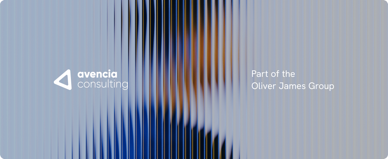 Abstract image with a blurred person, featuring the text "avencia consulting" and "Part of the Oliver James Group" on a wavy, striped background.