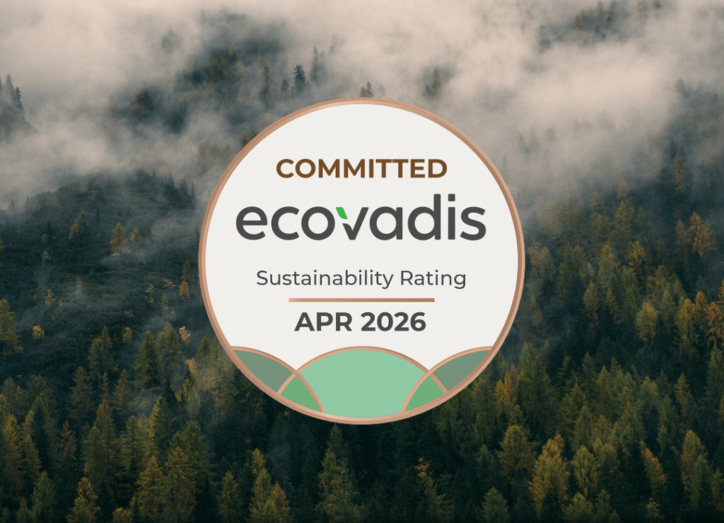 Ecovadis sustainability rating badge for April 2026 over a misty forest backdrop.